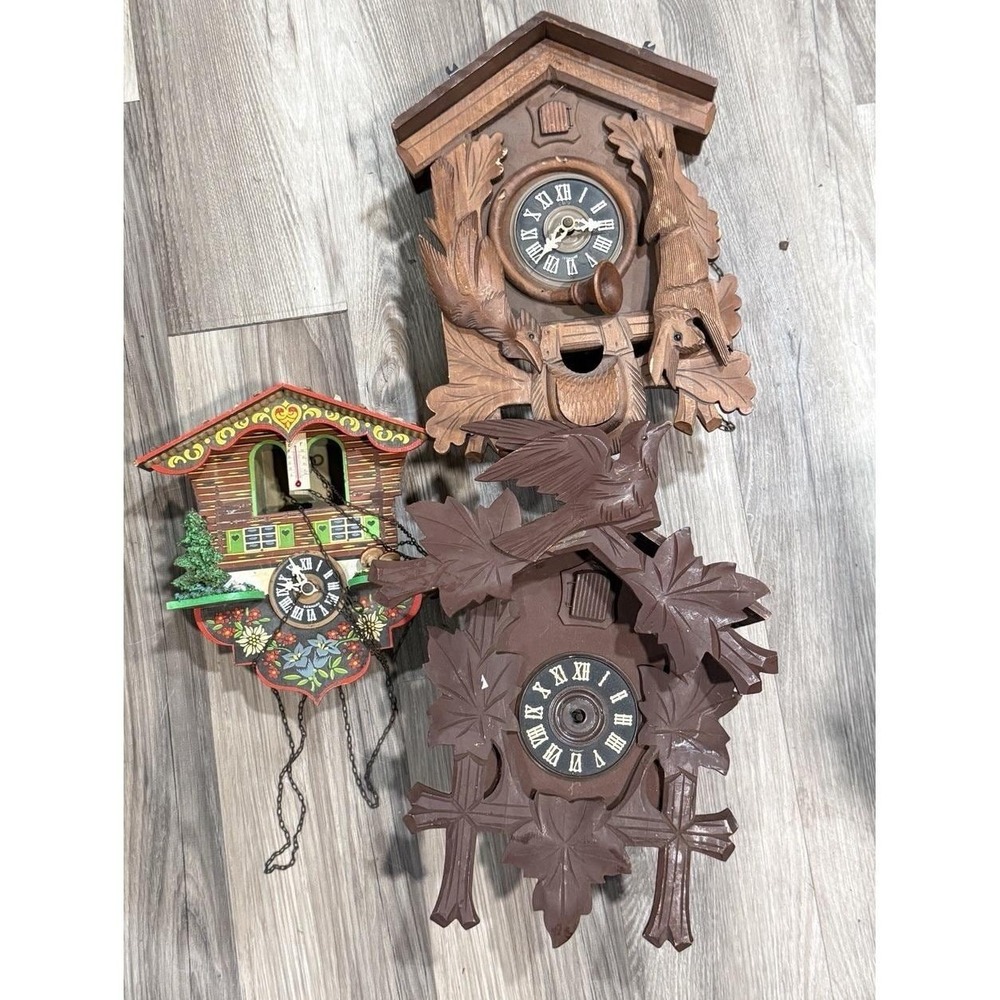 3 Vintage German Black forest Cuckoo Clocks For Parts Repair  Untested